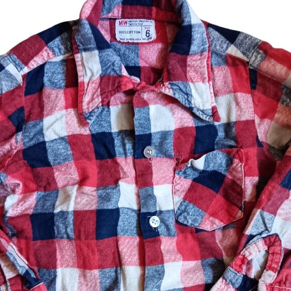Boys 6 Vintage Flannel Shirt Distress 1970's Red/Blue Plaid Cotton JC Penney - Picture 1 of 5